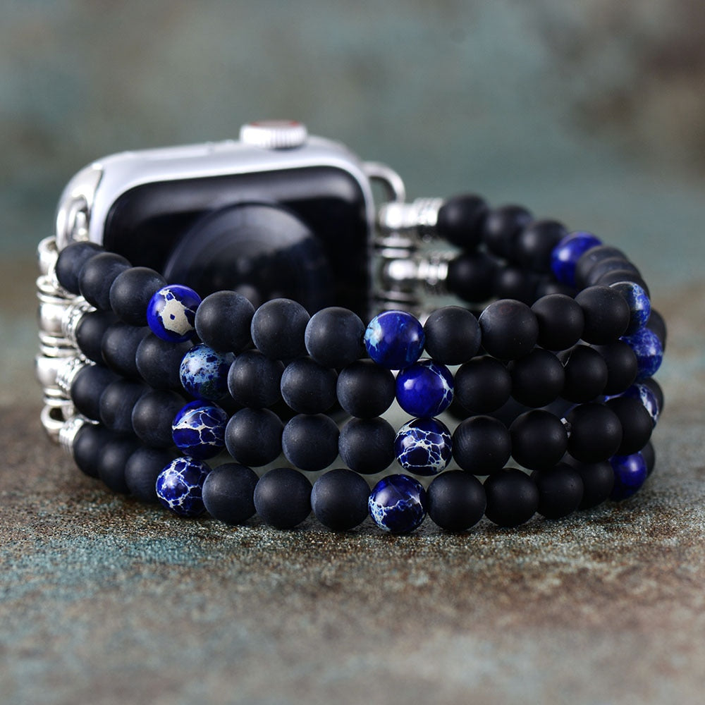 Black Onyx & Blue Jasper Beaded Stretchable Apple Watch Band