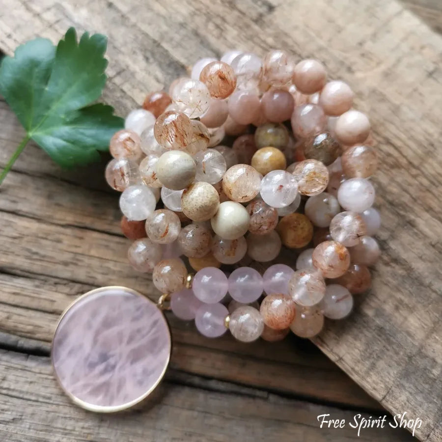 108 Natural Sunstone Rutilated Quartz & Rose Mala Bead Necklace / Bracelet