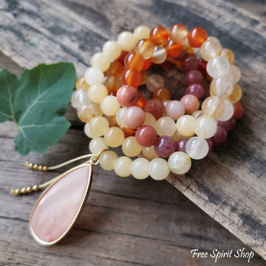 108 Pink Aventurine Carnelian & Yellow Citrine Mala Bead Necklace Jewelry > Gemstone