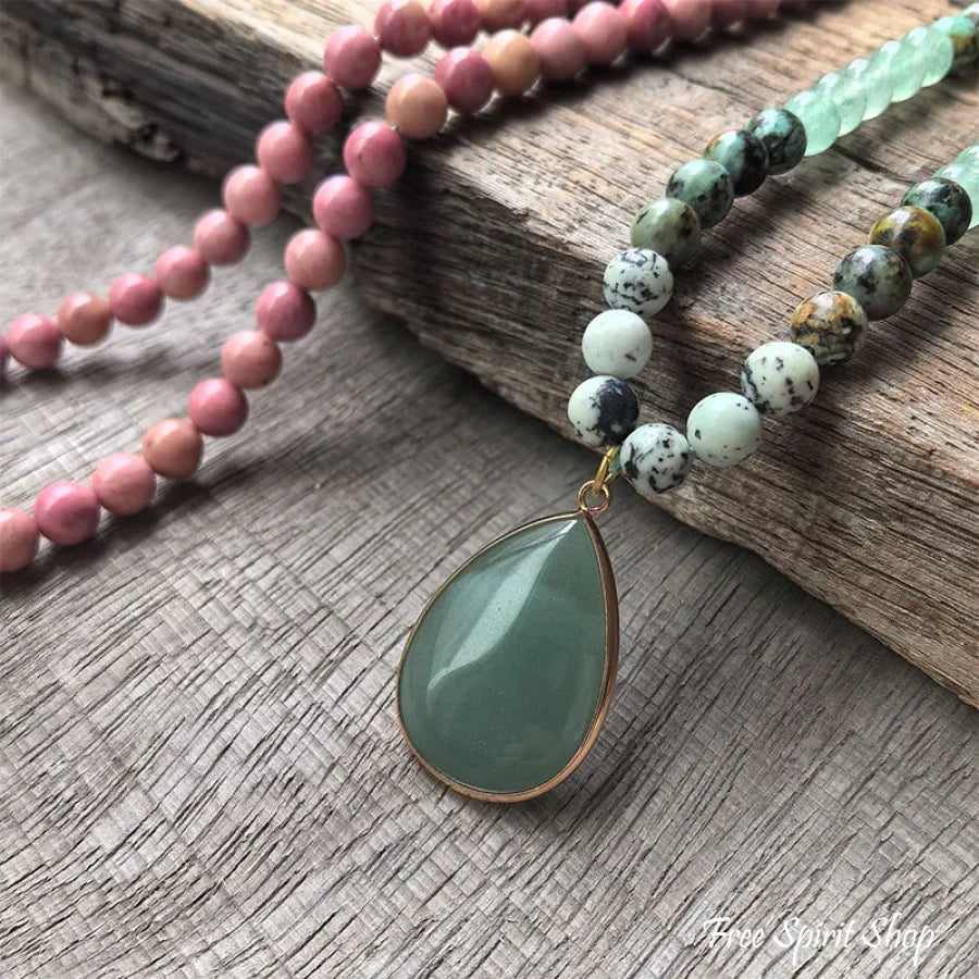 108 Natural Rhodonite Green Aventurine & African Turquoise Mala Necklace Jewelry > Gemstone Bead Necklace > 108 Mala