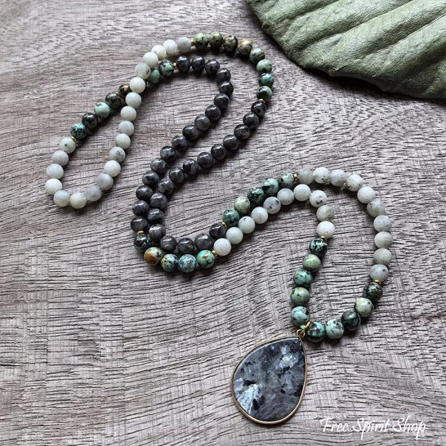 108 Natural Black Labradorite & African Turquoise Mala Bead Necklace