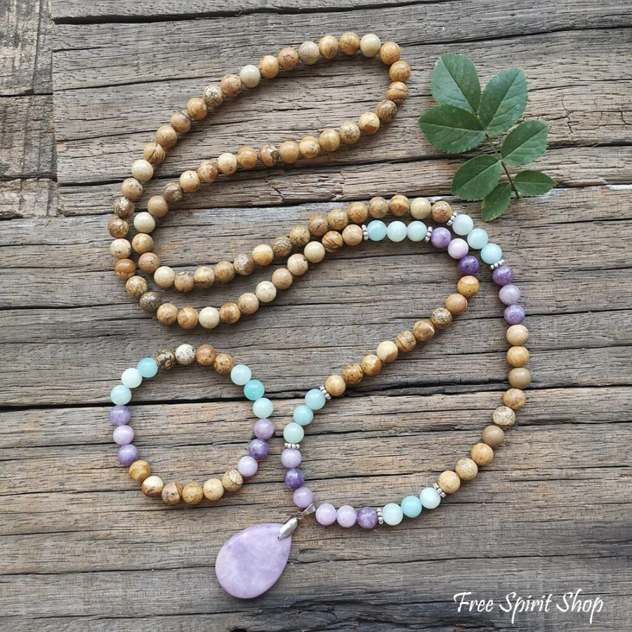 108 Natural Picture Jasper Amazonite & Lepidolite Mala Bead Necklace Jewelry > Gemstone