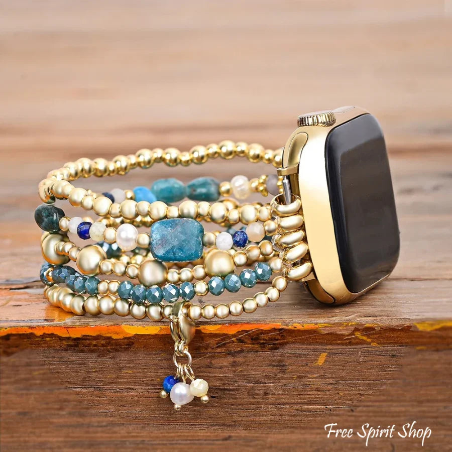Ocean Blue Apatite Beaded Apple Watch Band Small-Medium (5.25–5.8 inch wrists) / Apple 38-41mm Smartwatch Band / Strap