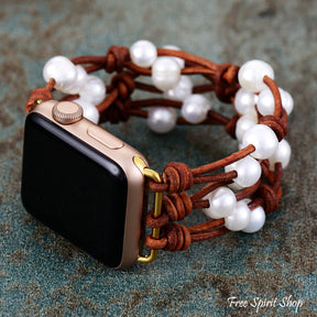 Handmade Pearl And Leather Apple Watch Band Smartwatch / Strap > Gemstone Bead Beaded
