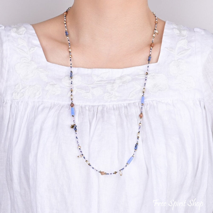 Natural Blue Sodalite Jasper & Pearl Beaded Choker Necklace Jewelry > Gemstone Bead