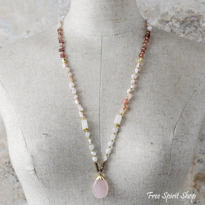 Natural Rose Quartz Strawberry & Jade Beaded Necklace Necklace > Gemstone Beaded