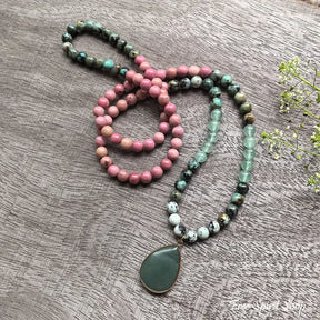 108 Natural Rhodonite Green Aventurine & African Turquoise Mala Necklace Jewelry > Gemstone Bead Necklace > 108 Mala