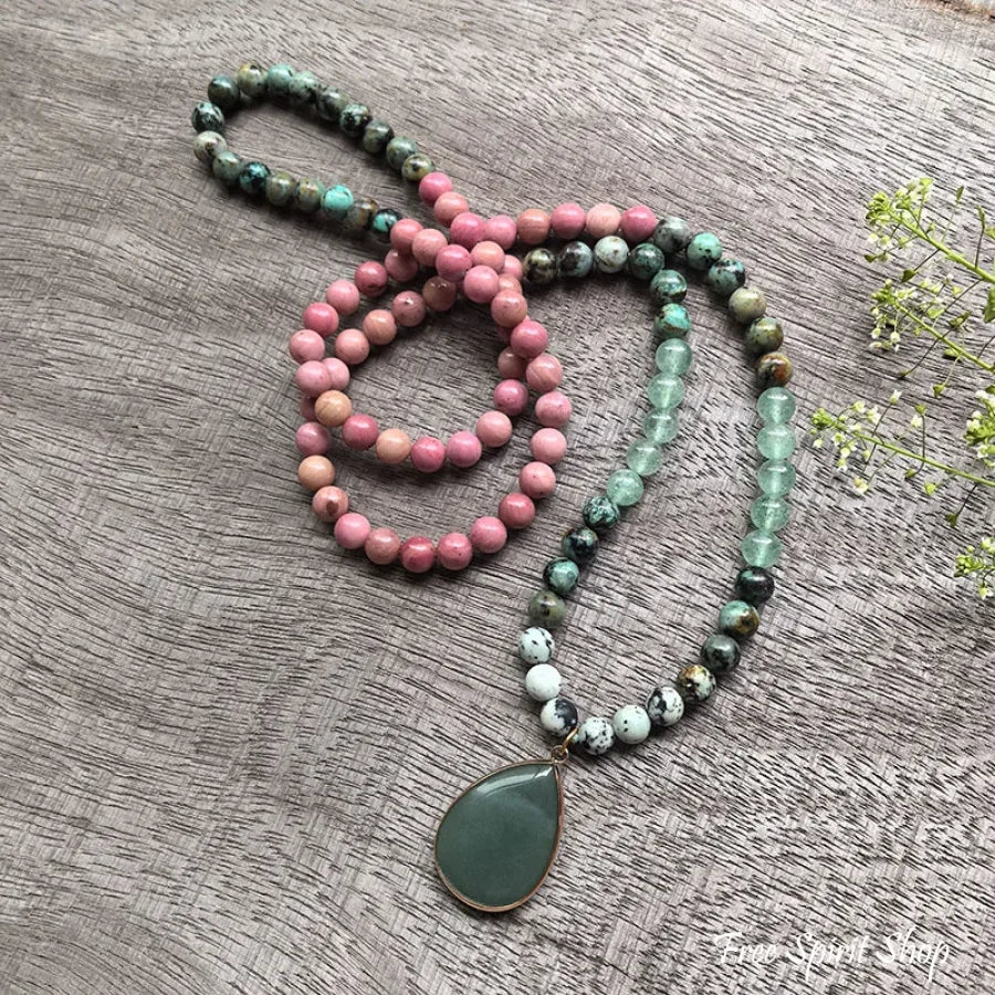 108 Natural Rhodonite Green Aventurine & African Turquoise Mala Necklace Jewelry > Gemstone Bead Necklace > 108 Mala