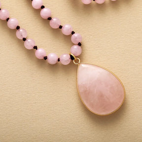 108 Natural Rose Quartz Mala Bead Necklace With Teardrop Pendant