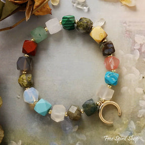 Multi Gemstone Chakra Bracelet with Crescent Moon Charm