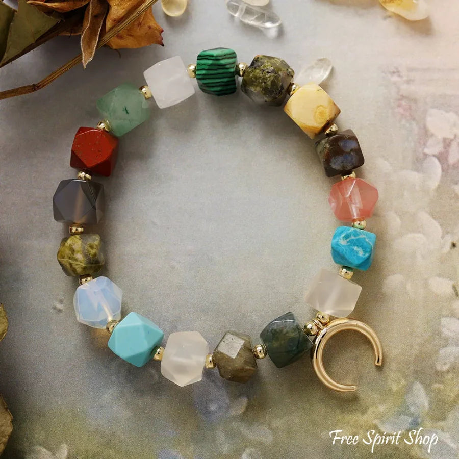 Multi Gemstone Chakra Bracelet with Crescent Moon Charm