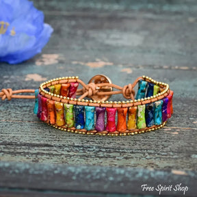 7 Chakra Jasper Tube Bead Leather Bracelet With Gold Accents Jewelry > Bracelet > Gemstone Bead Bracelet > Wrap Bracelet
