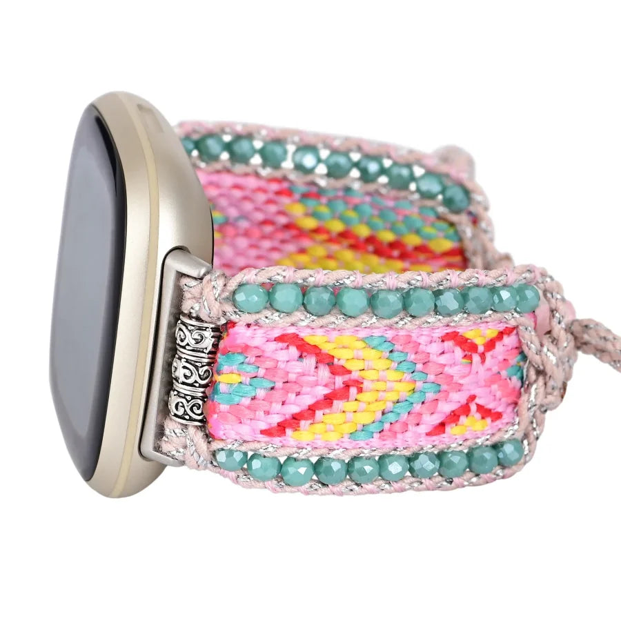 Candy Pink & Turquoise Braided Woven Nylon Fitbit Watch Band Smartwatch / Strap > Gemstone Bead