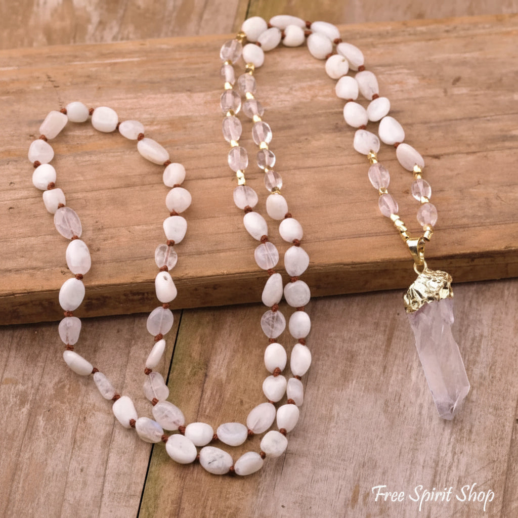 Natural White Moonstone & Clear Quartz Necklace - White Moonstone / 32Inch - Jewelry > Gemstone Bead Necklace