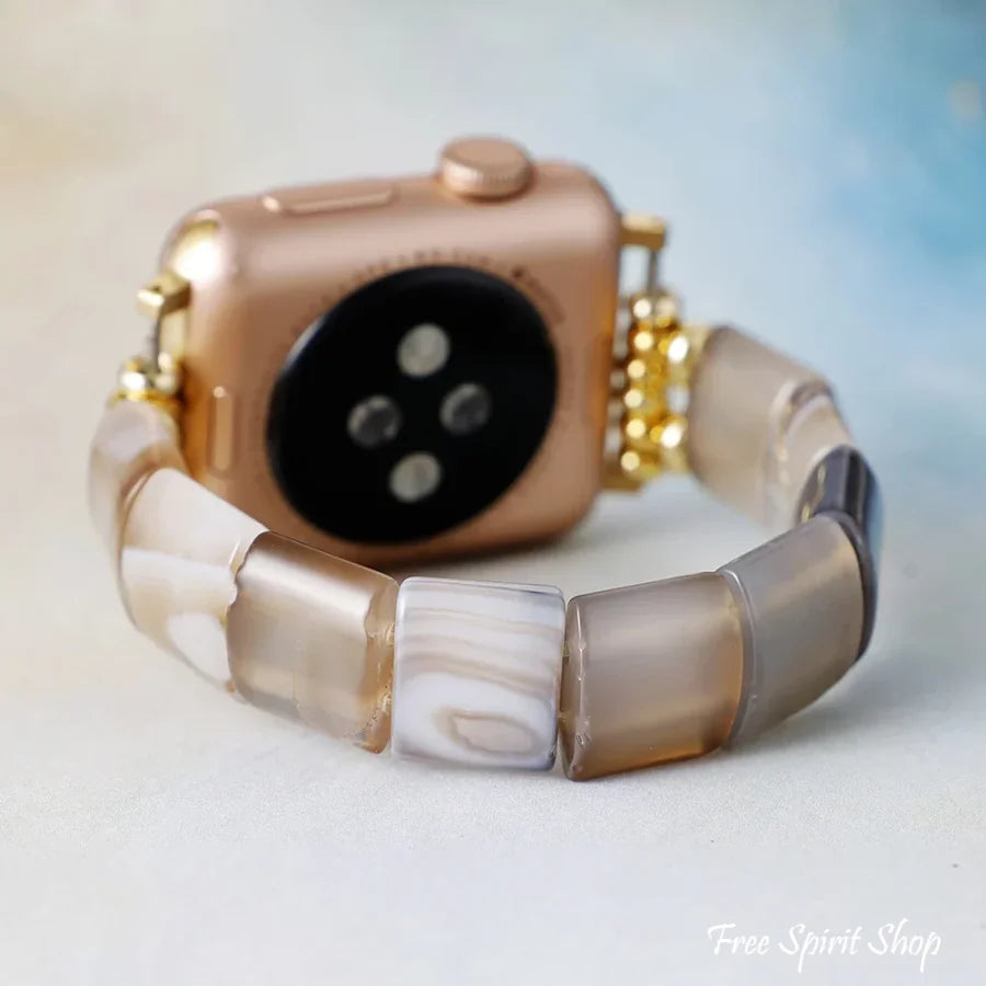 Brown Agate Square Bead Apple Watch Band Gold / Large / Apple 42 49MM Plate Smartwatch Band / Strap > Gemstone Bead