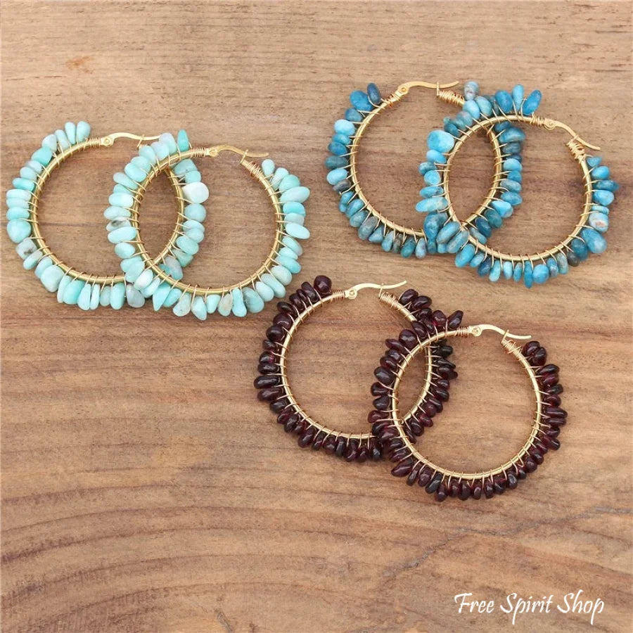 Irregular Blue Apatite Gemstone Circle Earrings Jewelry >