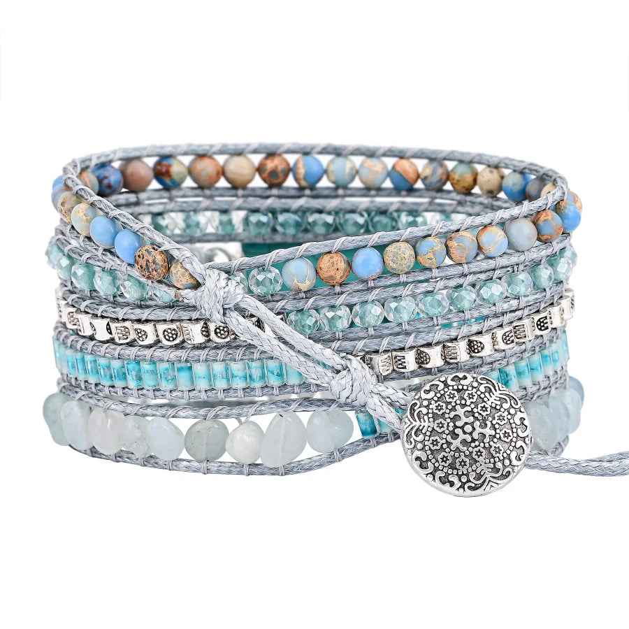 Natural Aquamarine & Turquoise Howlite Slice Wrap Bracelet Jewelry > Gemstone Bead