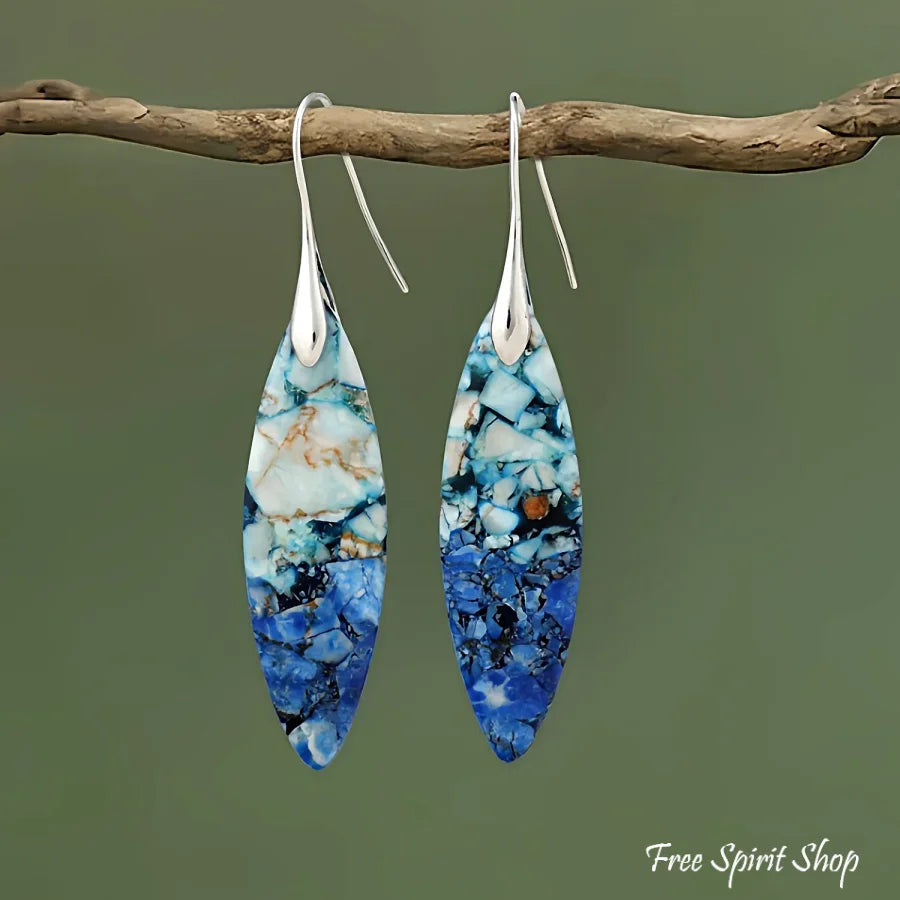 Blue Jasper Leaf Earrings - Blue Silver - Jewelry > Earrings > Gemstone Earrings