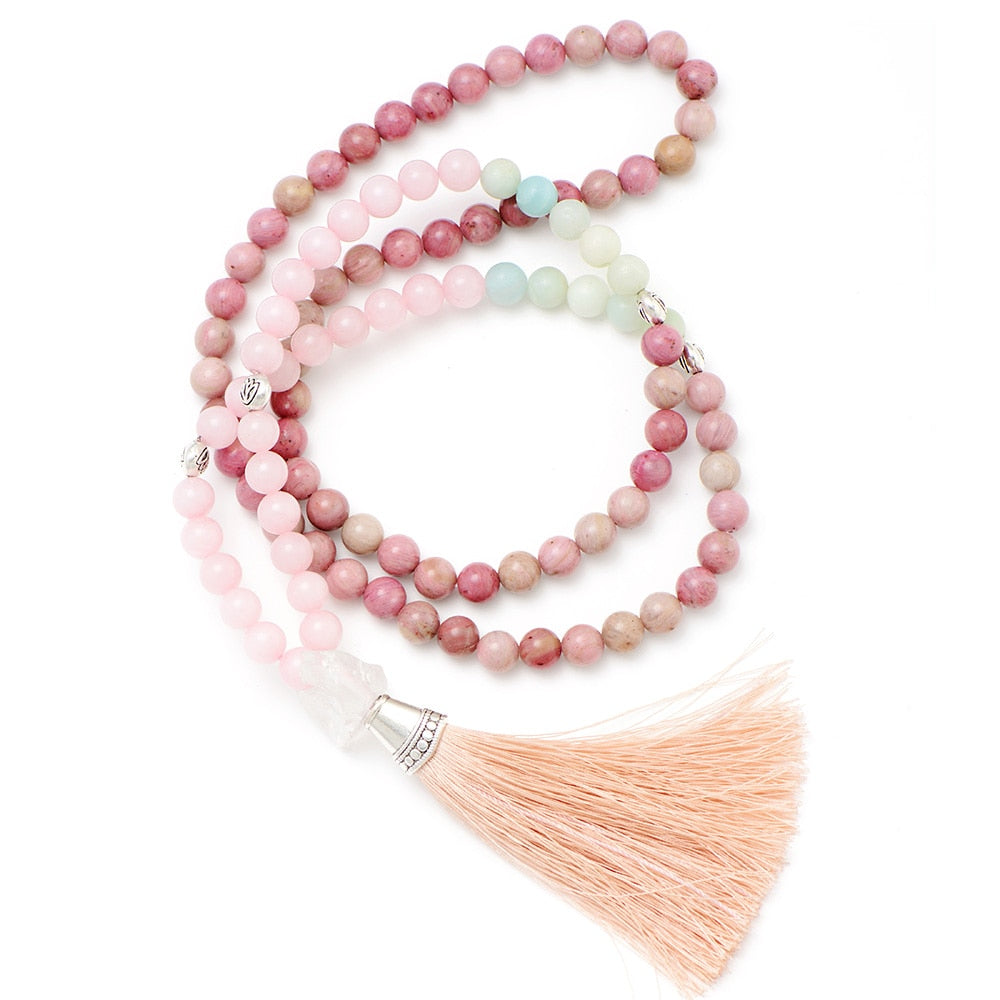 108 Natural Rhodonite Rose Quartz Amazonite & Clear Quartz Mala Bead Necklace