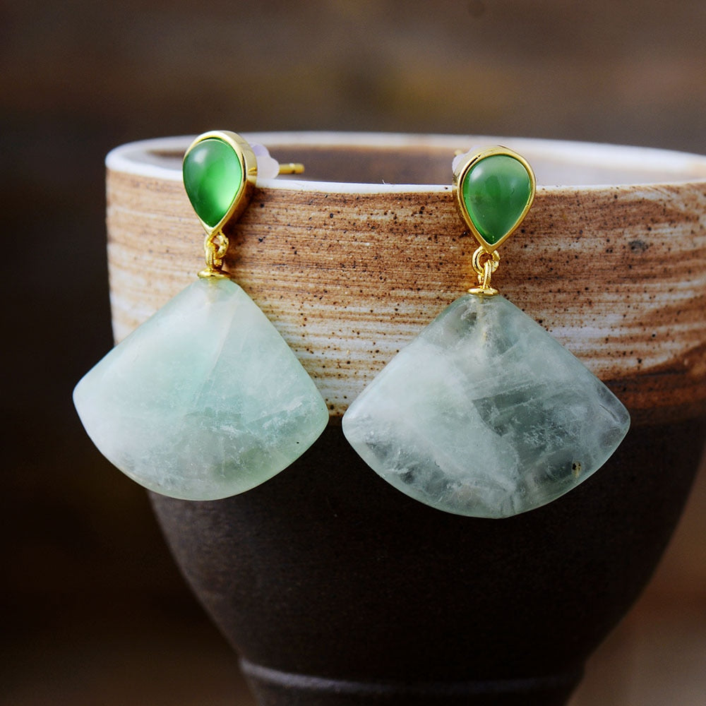 Natural Green Quartz Crystal Geometric Earrings