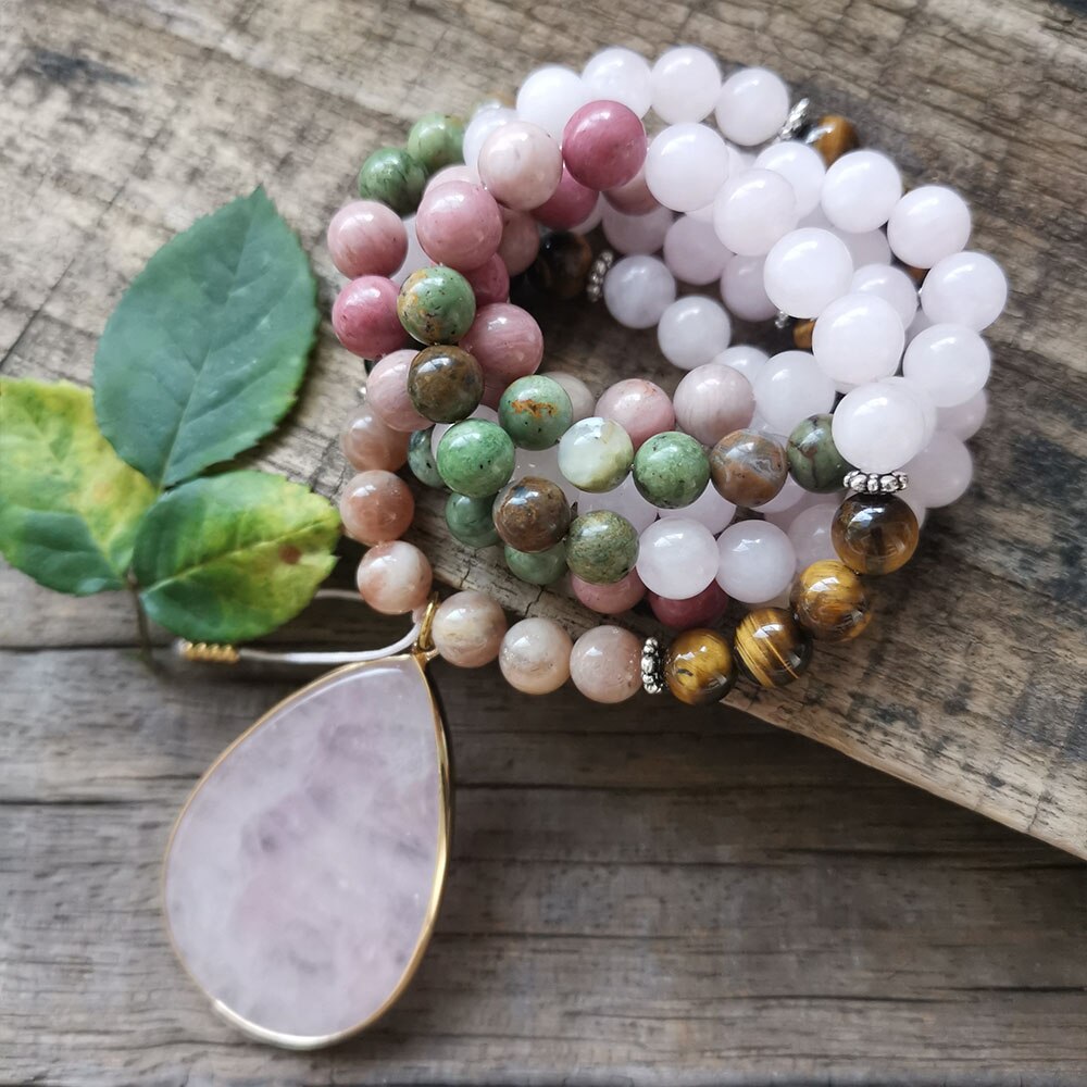 108 Natural Rose Quartz African Turquoise Tiger Eye & Rhodonite Mala Stone Bead Necklace