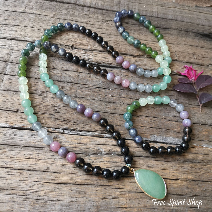 108 Natural Green Aventurine Smokey Quartz & Lepidolite Mala Bead Necklace