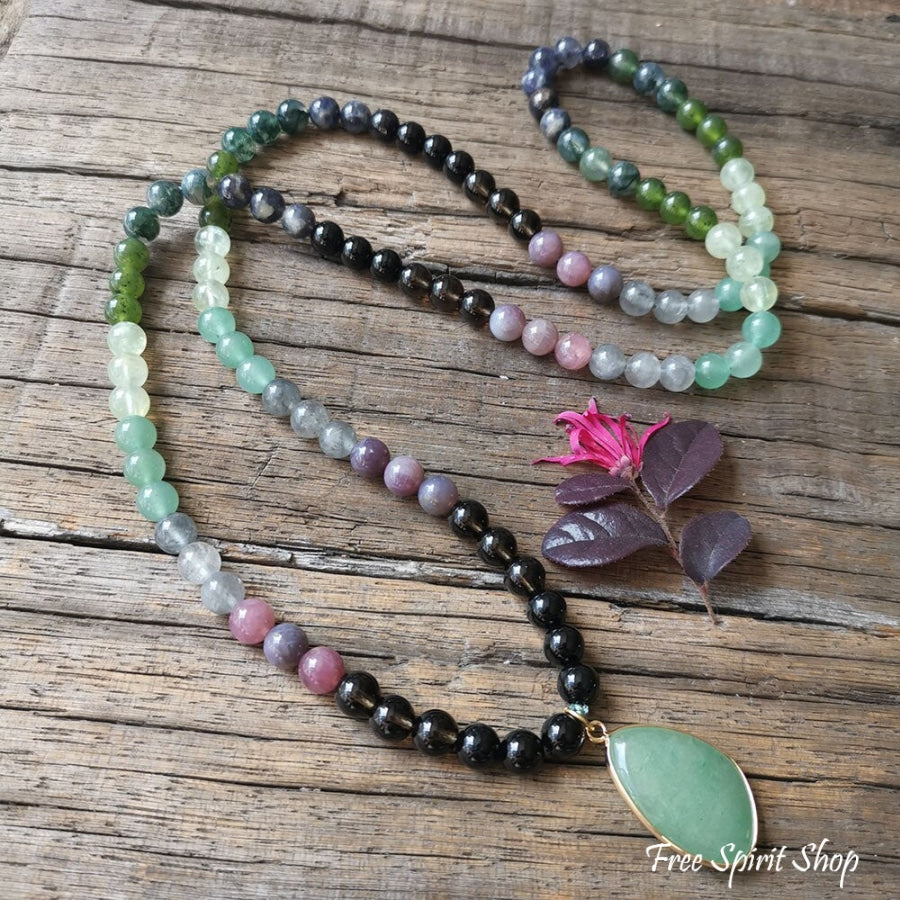 108 Natural Green Aventurine Smokey Quartz & Lepidolite Mala Bead Necklace