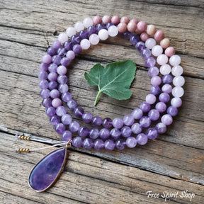 108 Natural Amethyst Rose Quartz & Rhodonite Mala Bead Necklace Jewelry > Gemstone