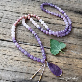 108 Natural Amethyst Rose Quartz & Rhodonite Mala Bead Necklace Jewelry > Gemstone