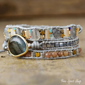 Natural Labradorite & Strawberry Quartz Silver Wrap Jewelry > Bracelet Gemstone Bead