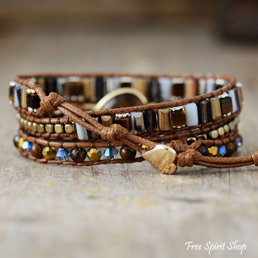 Natural Tiger Eye & Crystal Beaded Wrap Bracelet