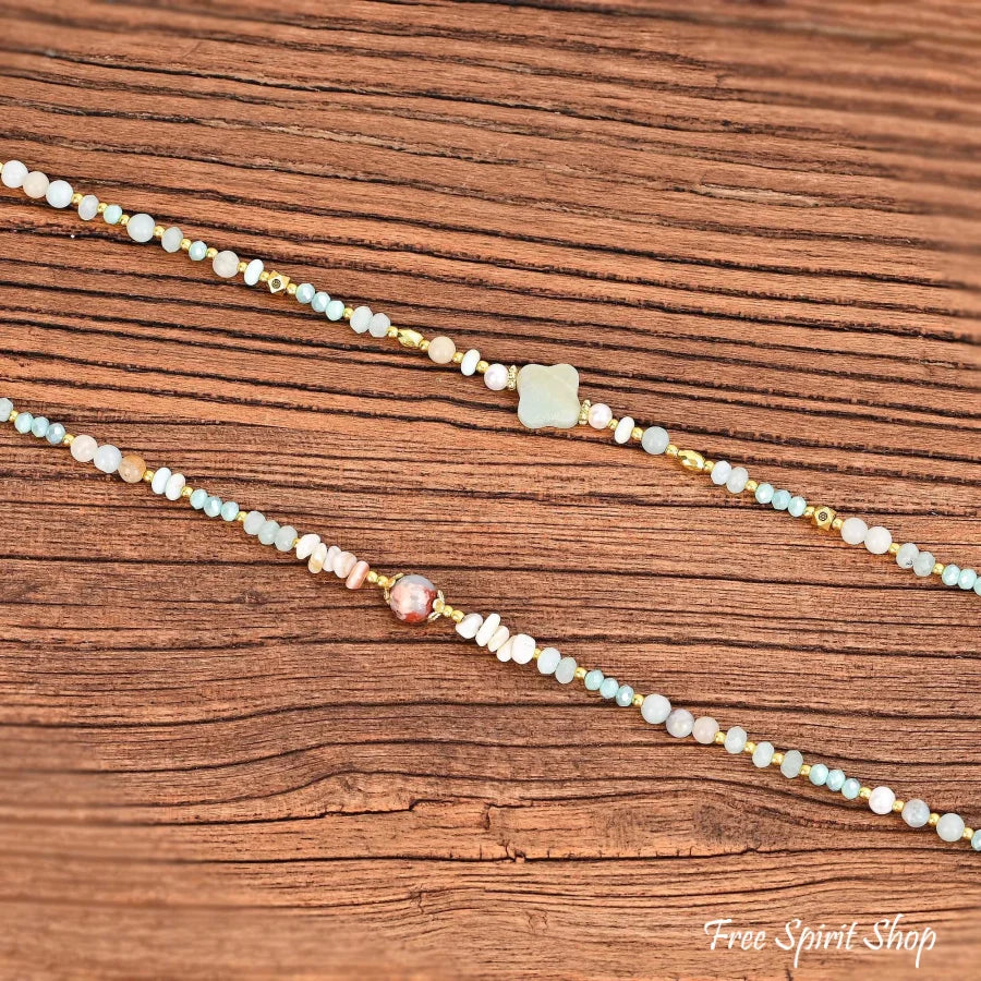 4-in-1 Natural Amazonite Clover Beaded Chain – Necklace, Choker, Bracelet & Phone Accessory