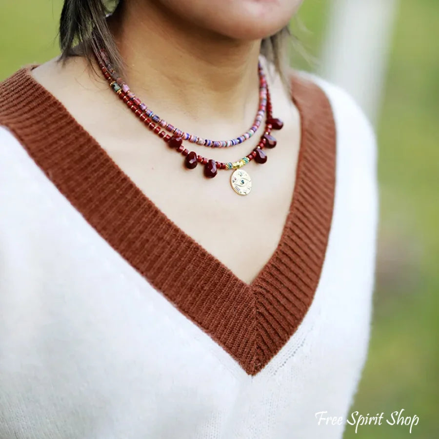 Natural Red Jasper & Egyptian Eye Charm Necklace Jewelry > Gemstone Bead