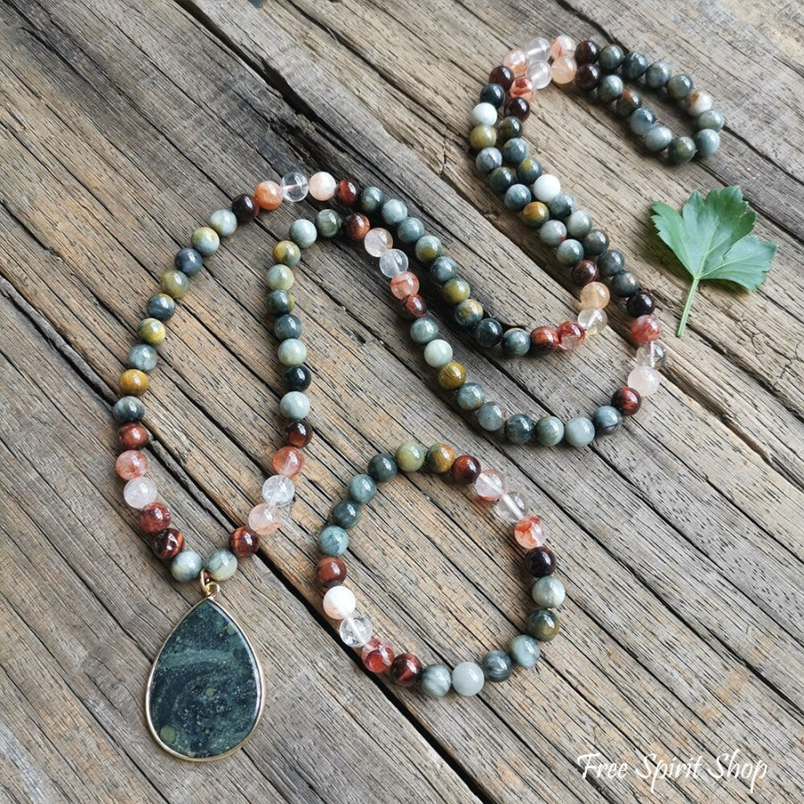 108 Natural Eagle Eye Tiger & Red Quartz Mala Bead Necklace / Bracelet Set Jewelry > Gemstone