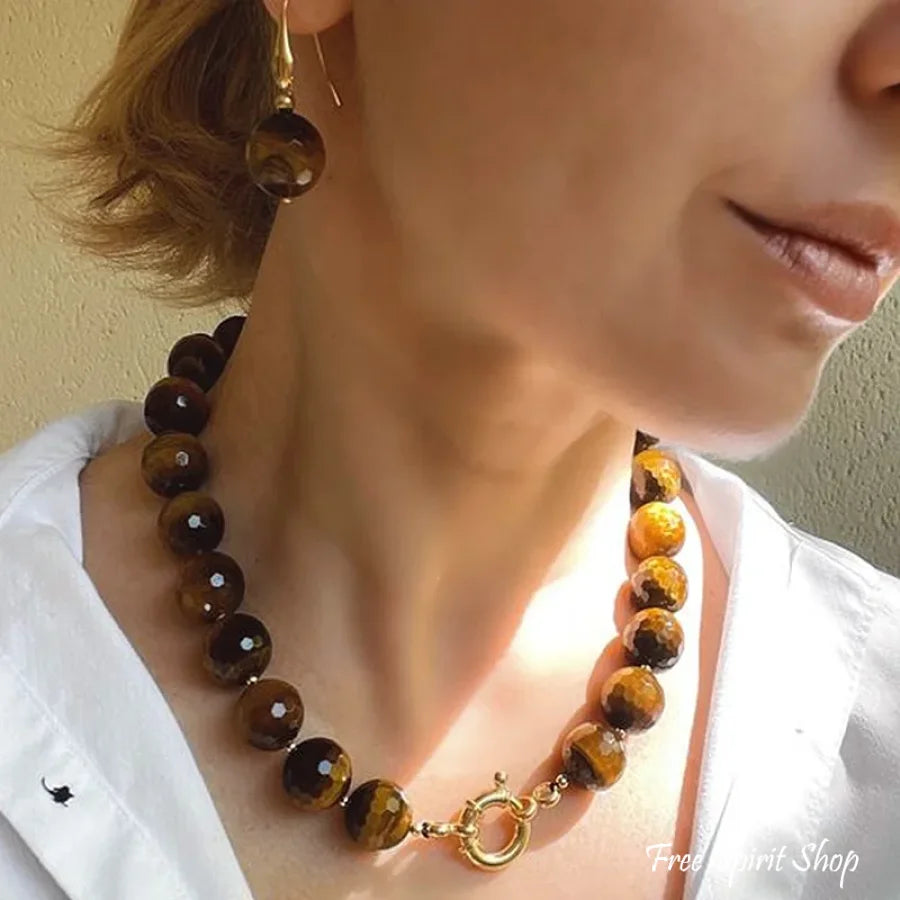 Bold Natural Tiger Eye Large Gemstone Bead Choker Necklace > Gemstone