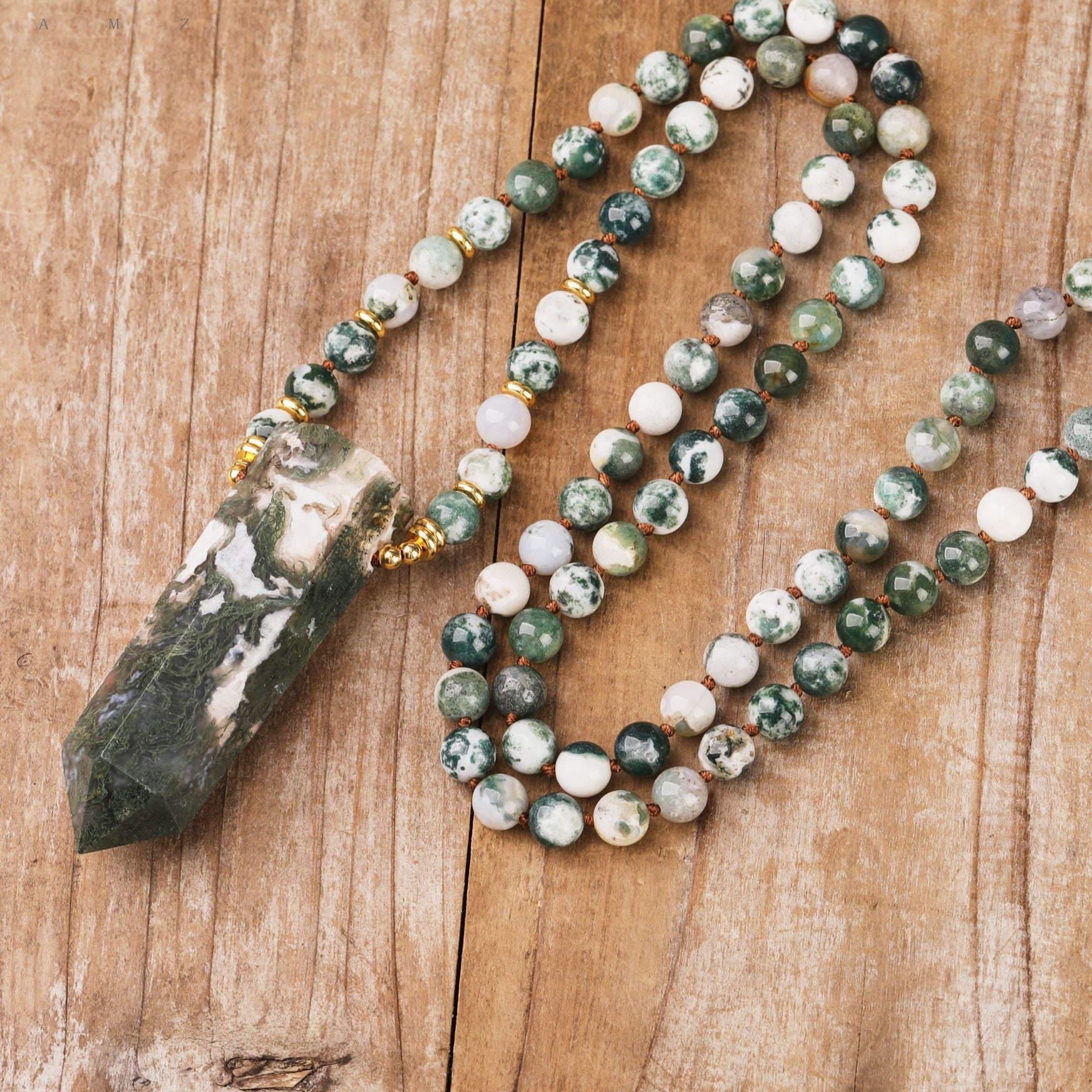 108 Natural Moss Agate Stone Mala Bead Necklace