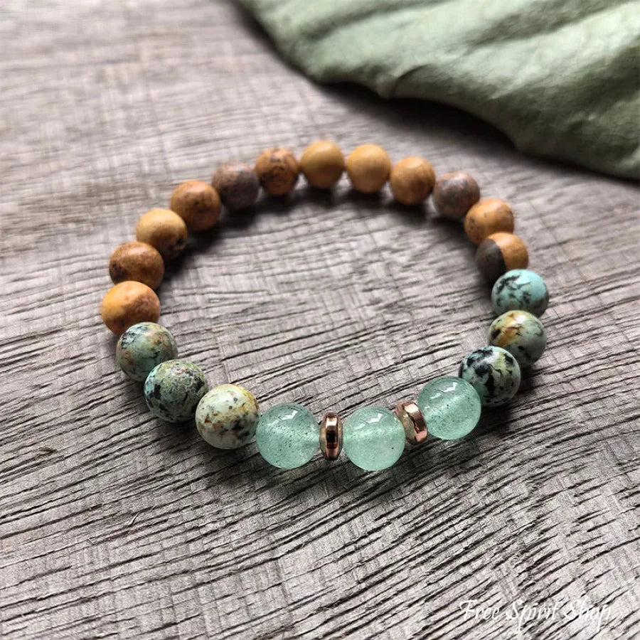 Natural Picture Jasper Green Quartz & African Turquoise Mala Bead Bracelet