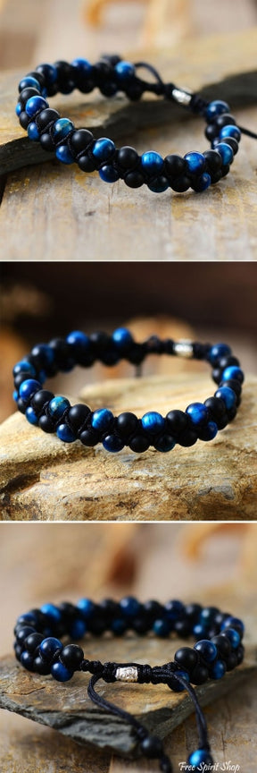 Natural Black Onyx & Blue Tiger Eye Bead Bracelet