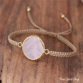 Natural Rose Quartz Circle Adjustable Rope Bracelet Jewelry >