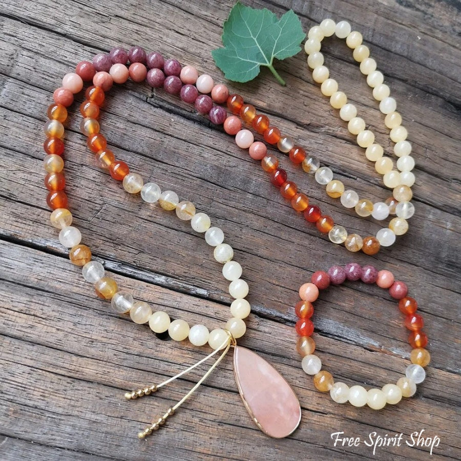 108 Pink Aventurine Carnelian & Yellow Citrine Mala Bead Necklace Jewelry > Gemstone