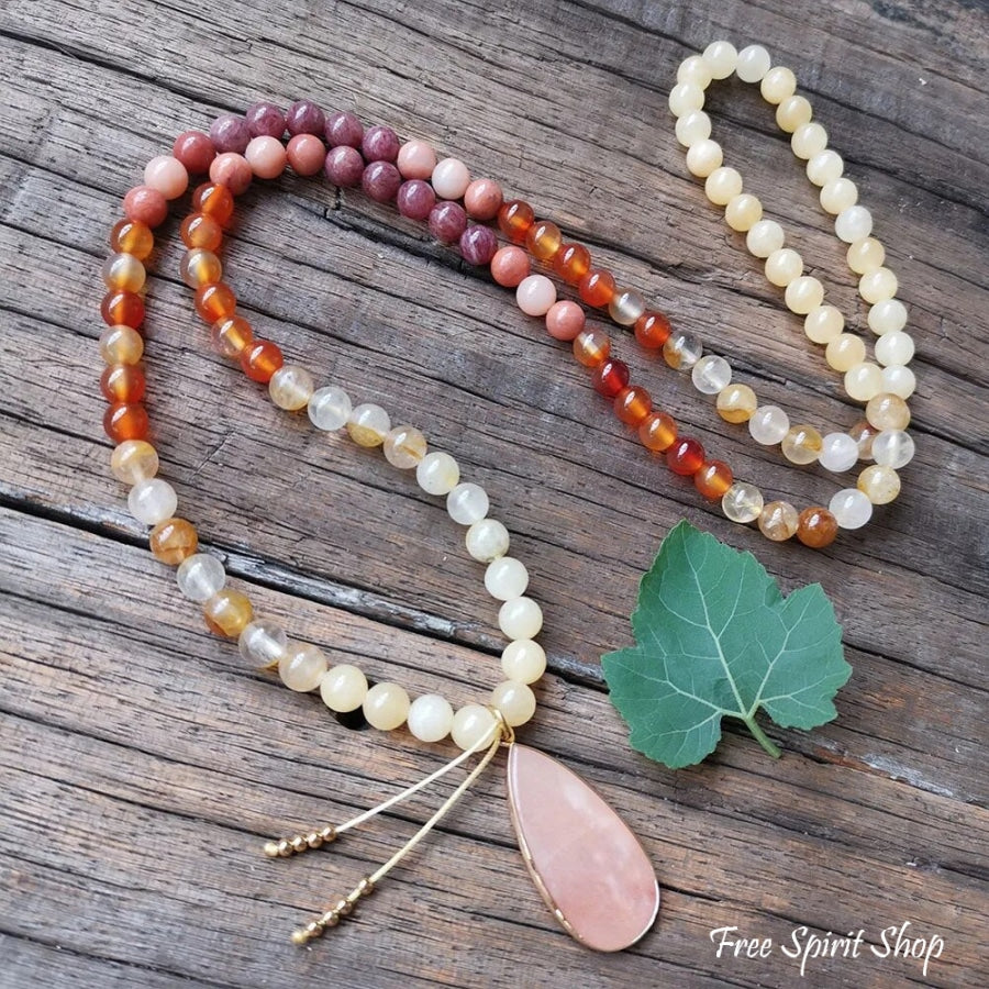 108 Pink Aventurine Carnelian & Yellow Citrine Mala Bead Necklace Jewelry > Gemstone