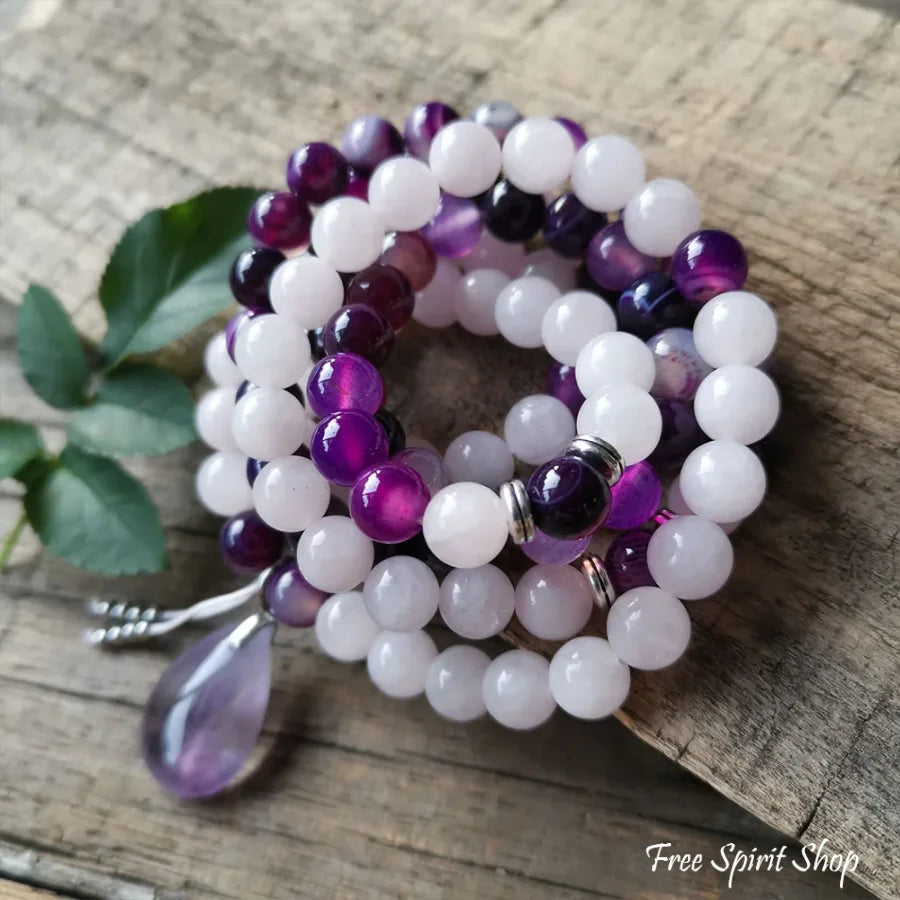108 Purple Stripe Onyx Rose Quartz & Amethyst Mala Bead Necklace Jewelry > Gemstone