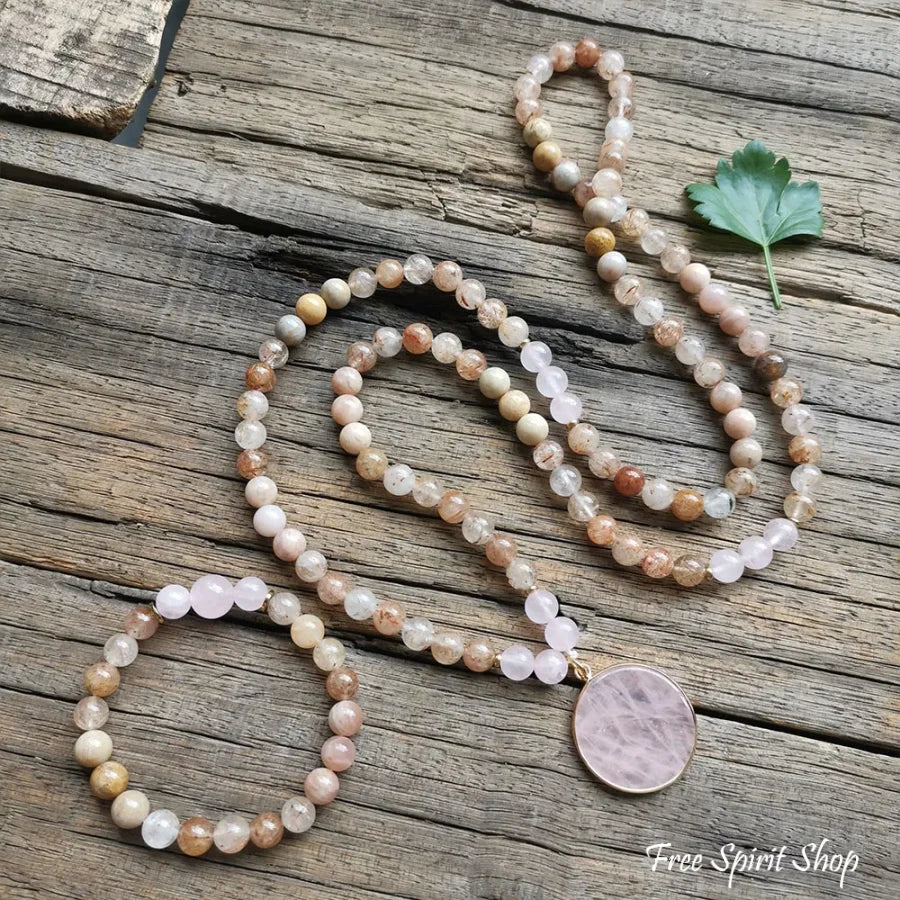 108 Natural Sunstone Rutilated Quartz & Rose Mala Bead Necklace / Bracelet