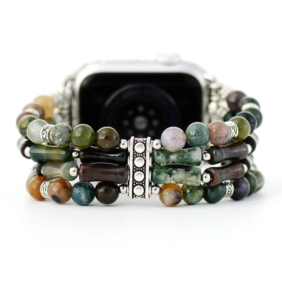 Natural Indian Agate Elastic Beaded Apple Watch Band