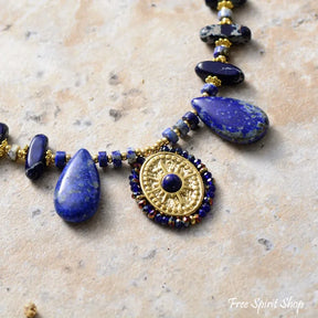 Handmade Lapis Lazuli & Blue Jasper Sun Pendant Necklace Necklace > Gemstone