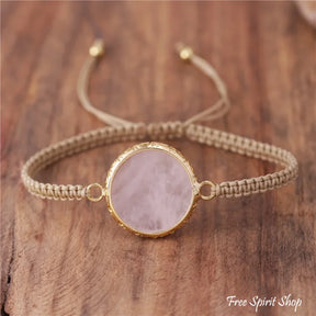 Natural Rose Quartz Circle Adjustable Rope Bracelet Jewelry >