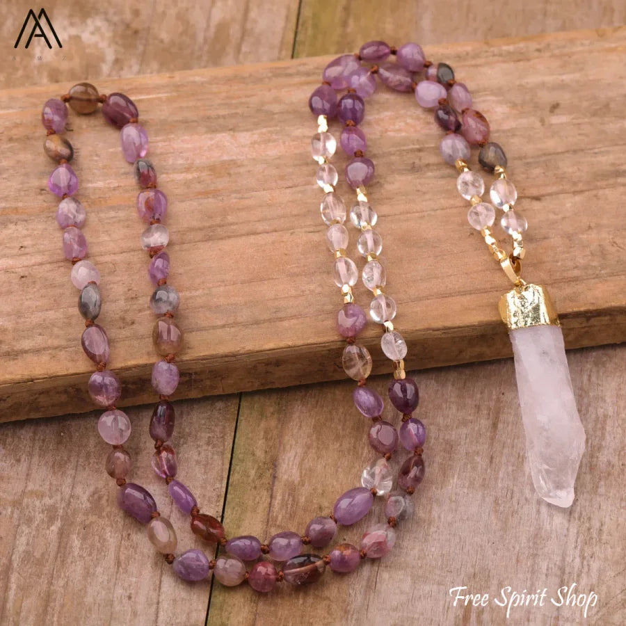 Natural White Moonstone & Clear Quartz Necklace - Jewelry > Gemstone Bead Necklace