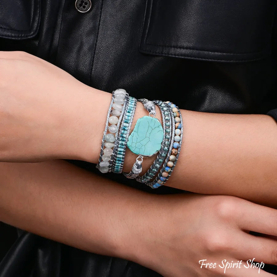 Natural Aquamarine & Turquoise Howlite Slice Wrap Bracelet Jewelry > Gemstone Bead