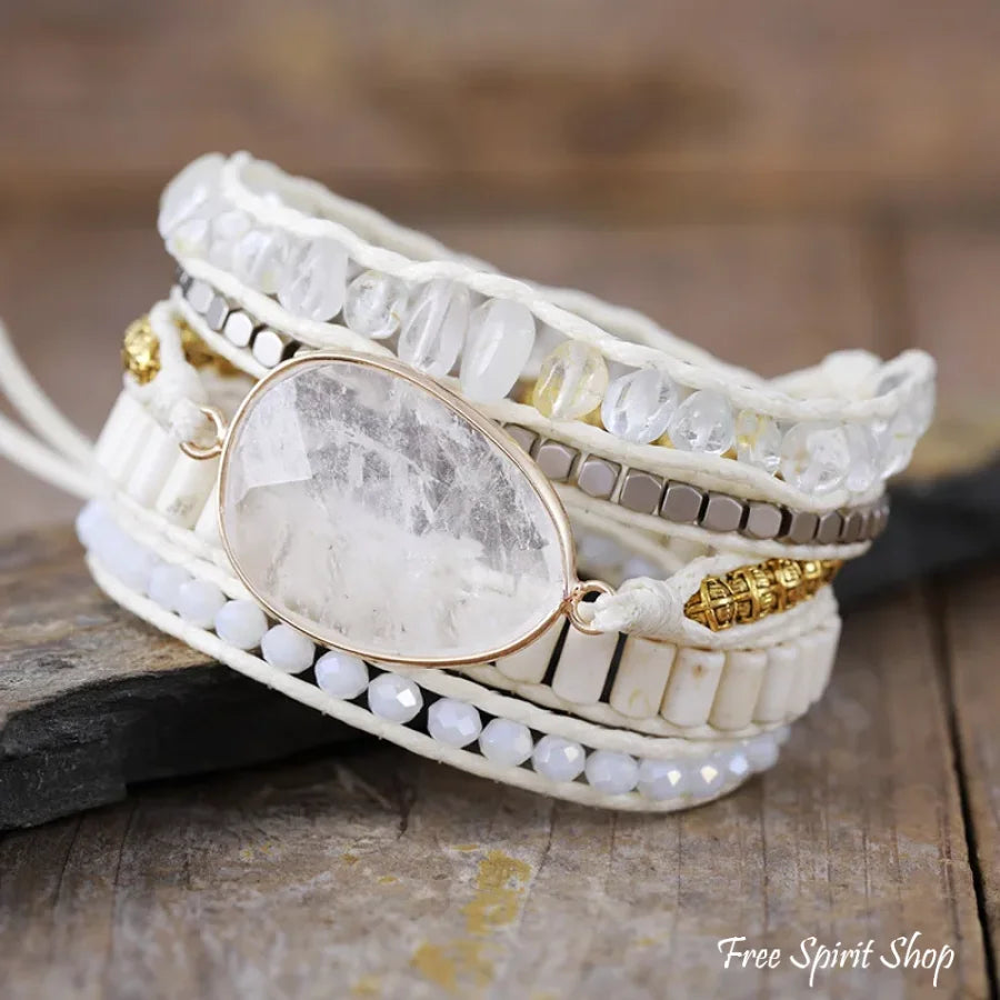 Natural Clear Quartz White Beaded Wrap Bracelet Jewelry > Gemstone Bead