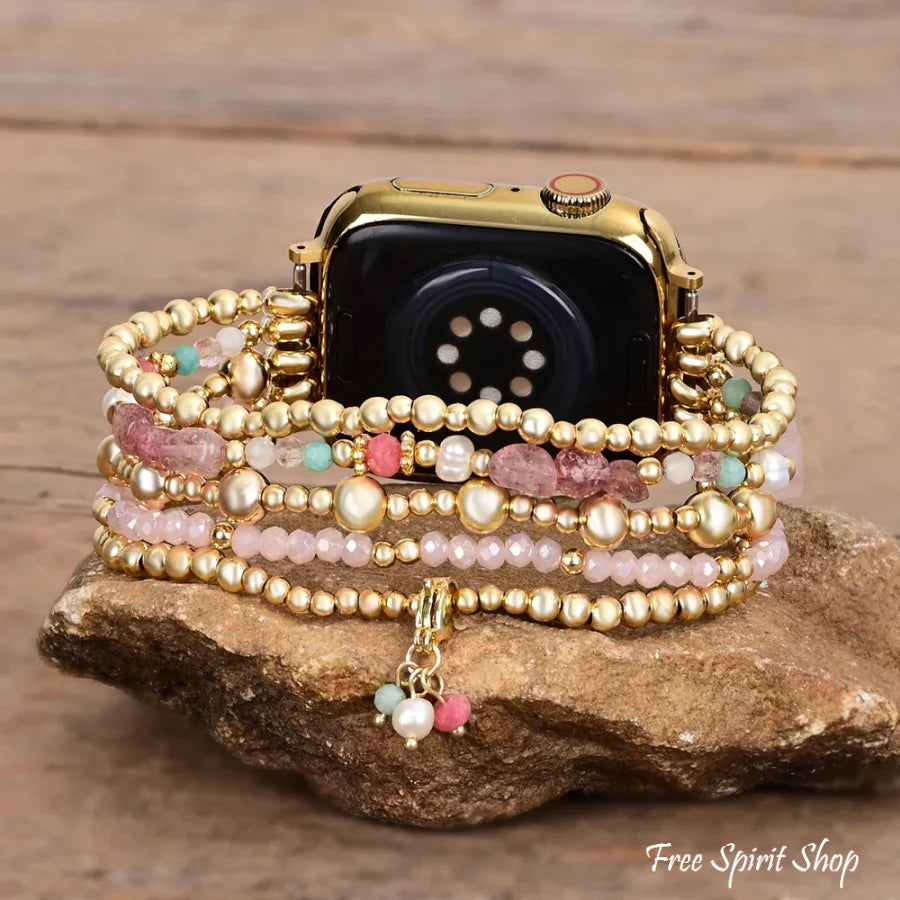 Rose Quartz Beaded Apple Watch Band with Clover Charm Smartwatch Band / Strap > Gemstone Bead Watch Band > Beaded Apple